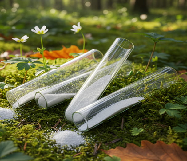Three clear glass test tubes on a bed of green moss with flowers and leaves in the background.